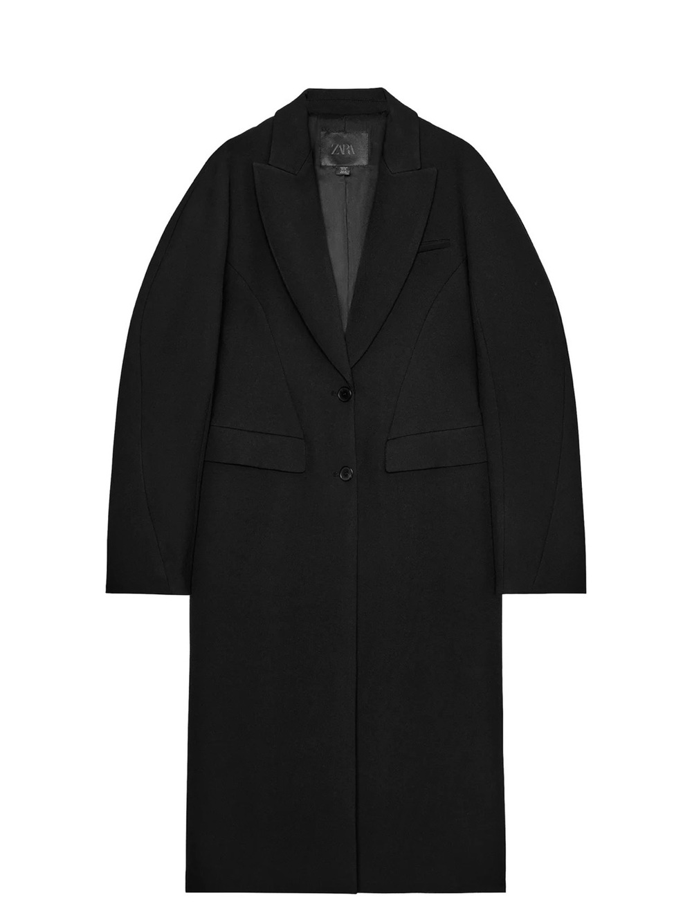 Zara Black Long fitted coat with balloon sleeves